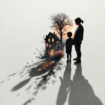 Primary subject: A woman and a child standing in front of a house.

Setting/background: The house is surrounded by trees, and the scene is set during sunset.

Visual style: The image is a digital art or illustration.

Colors and mood: The scene is warm and inviting, with the sunset casting a golden glow on the house and the surrounding trees.